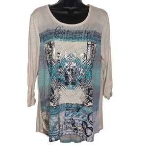 Style & Co Shirt Pleated Back French Graphic Design Metallic Accents Size Large